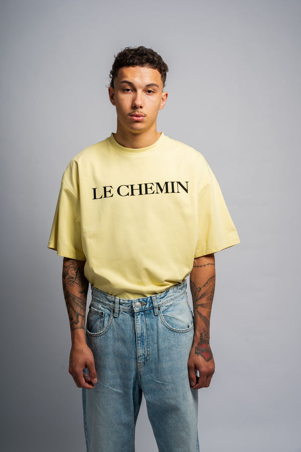 LE CHEMIN YELLOW COTTON JERSEY T-SHIRT WITH BLACK FLOCKED PRINT