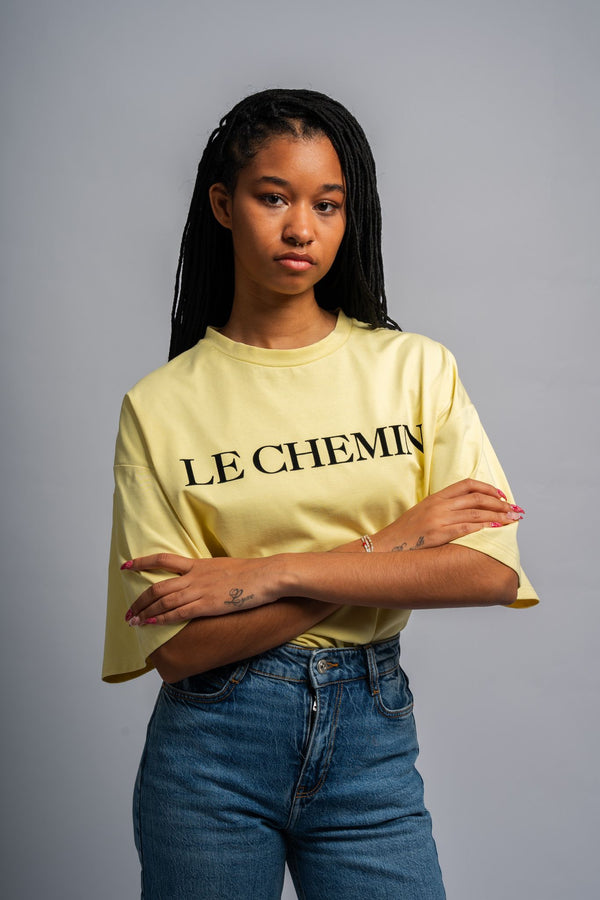 Le Chemin Women's Yellow Cotton Tee with Black Flocked Design