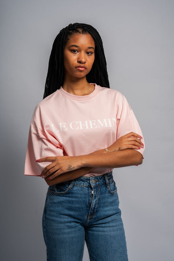 Le Chemin Women's Light Pink Cotton Tee with White Flocked Design