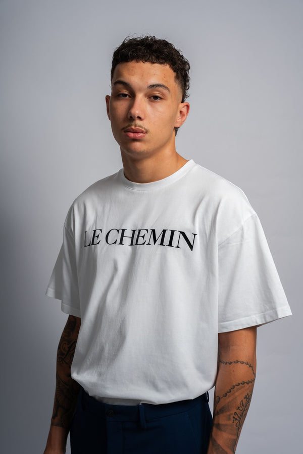 LE CHEMIN WHITE COTTON JERSEY T-SHIRT WITH BLACK FLOCKED PRINT